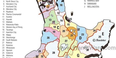 Harta e zelandës së re në veri të ishullit të regjioneve dhe rrethe